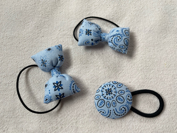 【送料無料】お揃いヘアゴム（水色/バンダナ柄）小リボン&くるみボタンセット 6枚目の画像