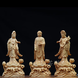 【修縁堂】職人手作り 西方三聖 精彫造像 観音菩薩 阿弥陀如来 勢至菩薩 木彫り 38b2054102833540fa879e441ddb73