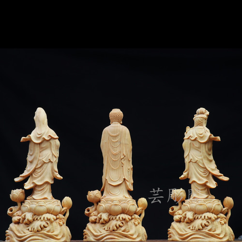 黄楊木 木彫 芸術品 西方三聖仏像 華厳 置物 阿弥陀仏 たかい 大勢至