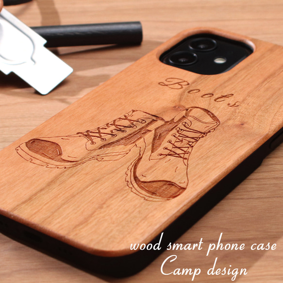 木製 iphoneケース おしゃれ キャンプシリーズ ブーツ 15 14 SE 12 かっこいい 13 mini 11 1枚目の画像