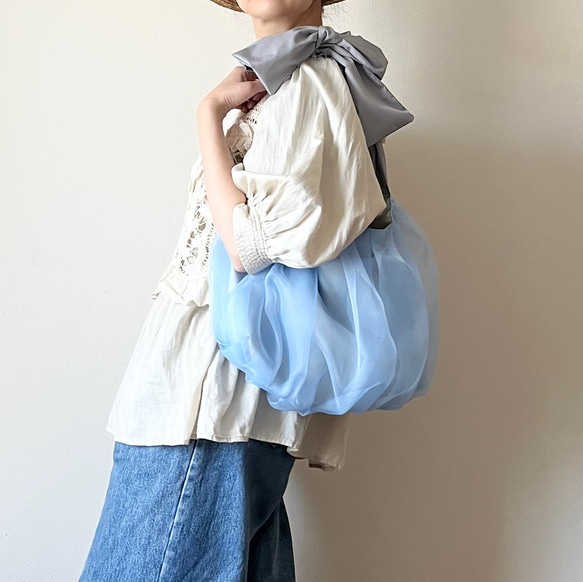 【受注生産】ショルダー・斜めがけ・手提げと〈3way〉で使える！  ribbon tote bag （paleblue） 8枚目の画像