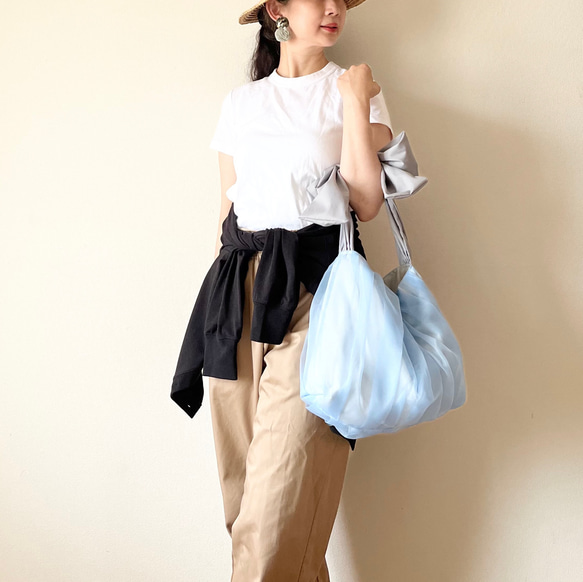 【受注生産】ショルダー・斜めがけ・手提げと〈3way〉で使える！  ribbon tote bag （paleblue） 6枚目の画像