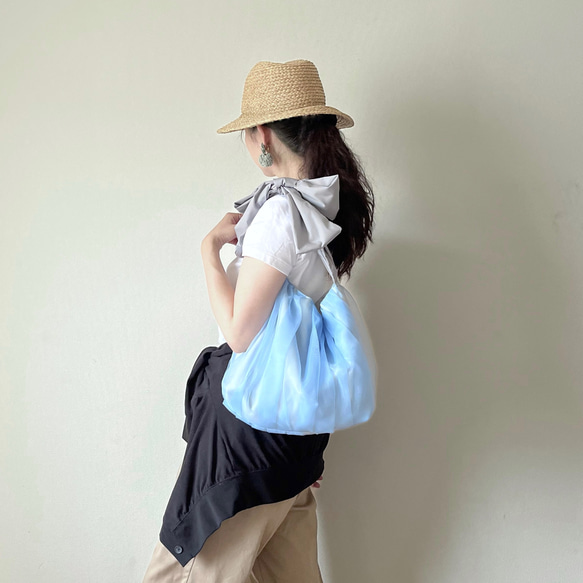 【受注生産】ショルダー・斜めがけ・手提げと〈3way〉で使える！  ribbon tote bag （paleblue） 7枚目の画像