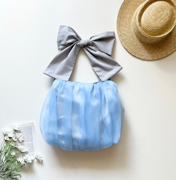 【受注生産】ショルダー・斜めがけ・手提げと〈3way〉で使える！  ribbon tote bag （paleblue） 1枚目の画像