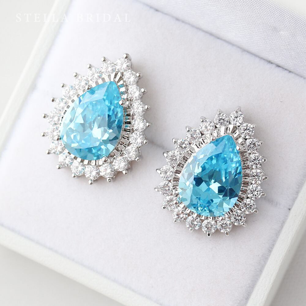 キュービックジルコニア ブライダルイヤリング［Jewel] Drop］ジュエルドロップ ライトブルー