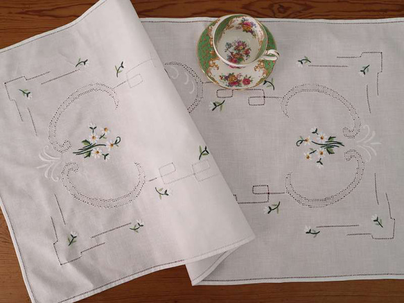 ドイツの手仕事/可憐な白い小花の手刺繍 生地 未使用品 (ヴィンテージ テーブルランナーサイズ リメイク素材) 12枚目の画像