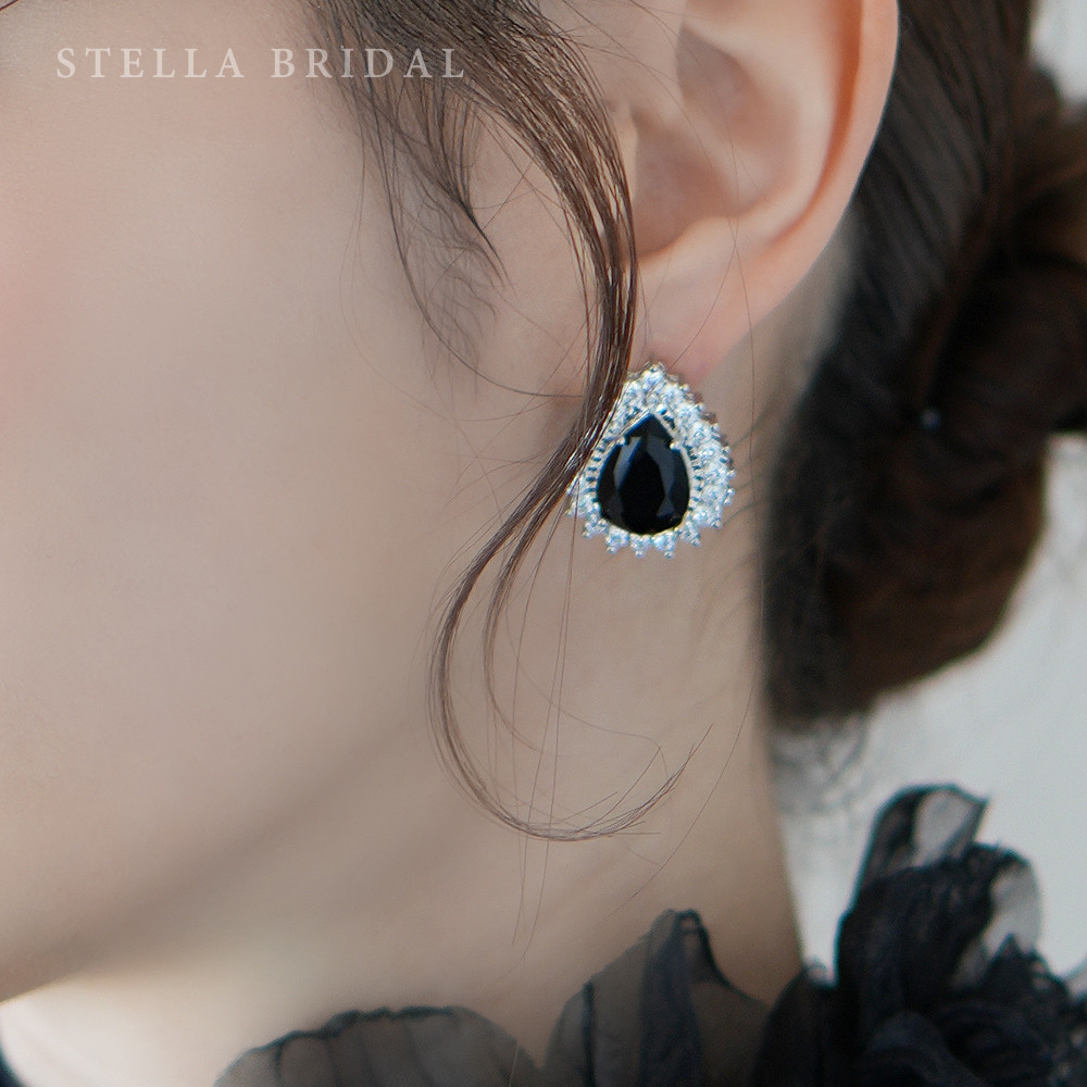 キュービックジルコニア ブライダルイヤリング＆ピアス［Jewel] Drop］ジュエルドロップ ブラック｜ウェディングア