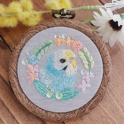 【受注生産】『インコ刺繍‎ 草花とインコの刺繍フレーム』 4枚目の画像