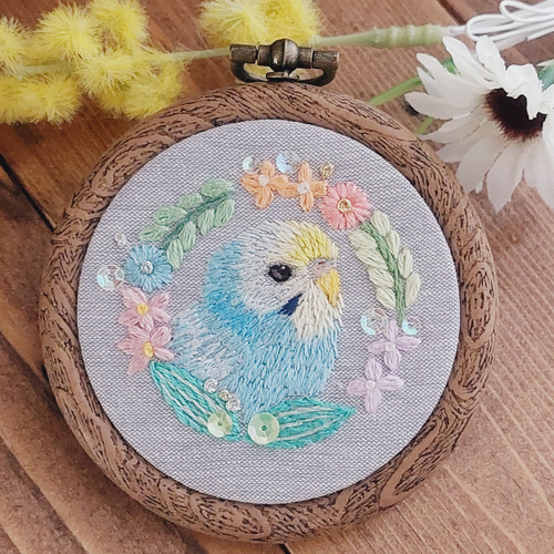 受注生産】『インコ刺繍‎ 草花とインコの刺繍フレーム』 ペット服 