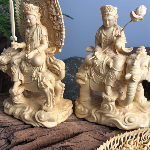 文殊菩薩 普賢菩薩 供養品 木彫仏像 仏教美術 置物 彫刻 芸彫閣 文殊菩薩 普賢菩薩 供養品 木彫仏像 仏教美術 置物 彫刻 芸彫閣