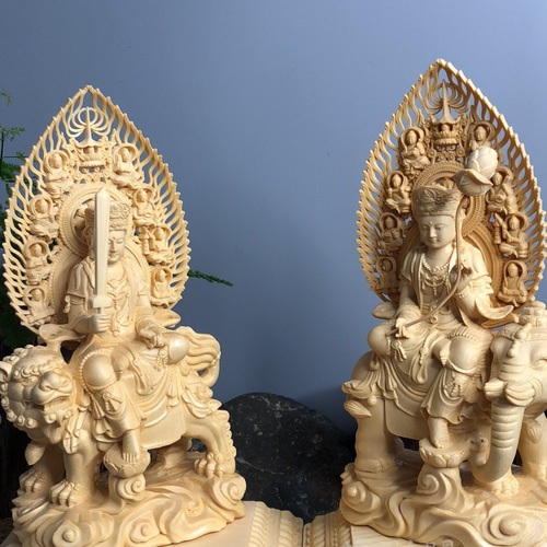 文殊菩薩 普賢菩薩 供養品 木彫仏像 仏教美術 置物 彫刻 芸彫閣 文殊菩薩 普賢菩薩 供養品 木彫仏像 仏教美術 置物 彫刻 芸彫閣