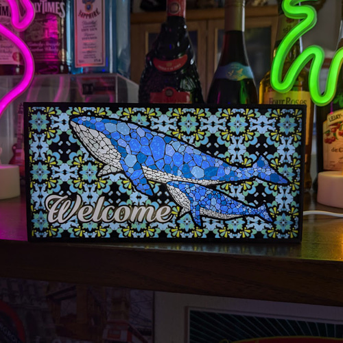 Open いらっしゃいませ 営業中 自宅 カフェ くじら クジラ 鯨 ステンド