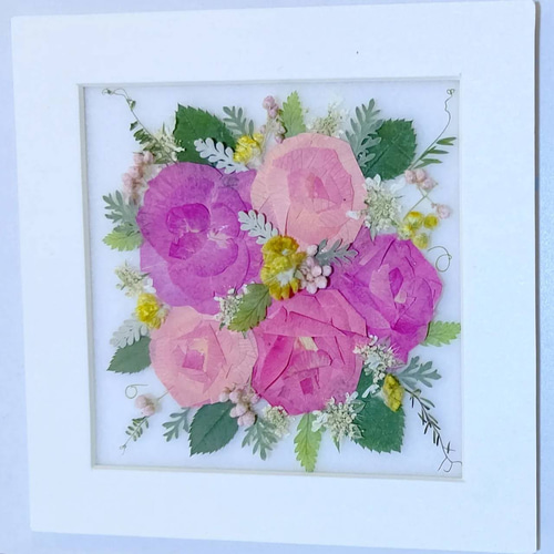 送料無料】ピンクのバラのブーケ 押し花額 その他インテリア雑貨