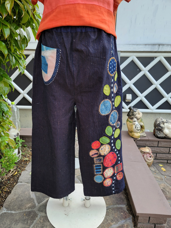 着物リメイク　古布　手作り　縞に花のアップリケ　パンツ 8枚目の画像