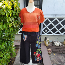 着物リメイク　古布　手作り　縞に花のアップリケ　パンツ 5枚目の画像