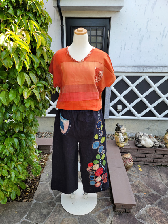 着物リメイク　古布　手作り　縞に花のアップリケ　パンツ 5枚目の画像