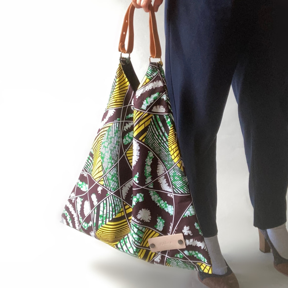 African print × Real leather Folding bag  キャメルカラー 7枚目の画像