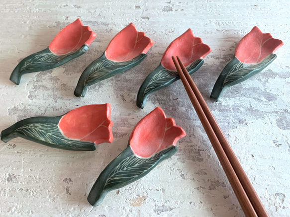 鬱金香筷子架-桔紅_陶器筷架 第2張的照片