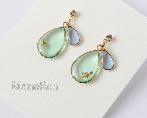 大人♡薔薇ビジューとリトルウッズの雫レジン ピアス/イヤリング