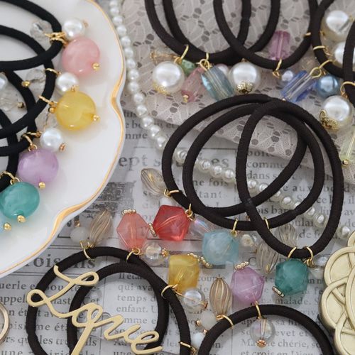 じゃらじゃら ヘアゴム アンティークサーモンピンク♡