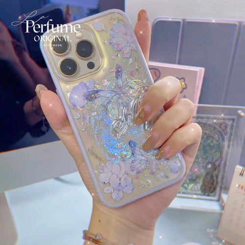 バタフライ✨名入れ♡キラキラ✨レインボー 花 ミラー付き フチiPhoneケース 名入れ バタフライ✨パールミラー フラワー キラキラ 惑星✨フチ