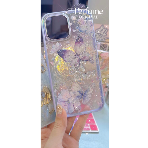 バタフライ✨名入れ♡キラキラ✨レインボー 花 ミラー付き フチiPhoneケース 名入れ バタフライ✨パールミラー フラワー キラキラ 惑星✨フチ