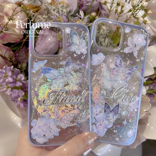 名入れ♡キラキラユニコーン✨リボンチャーム✨パープルブルー系♡スマホケース 名入れ 惑星 月✨星⭐️天然シェル♡ラメ✨ブルー 青 イニシャル