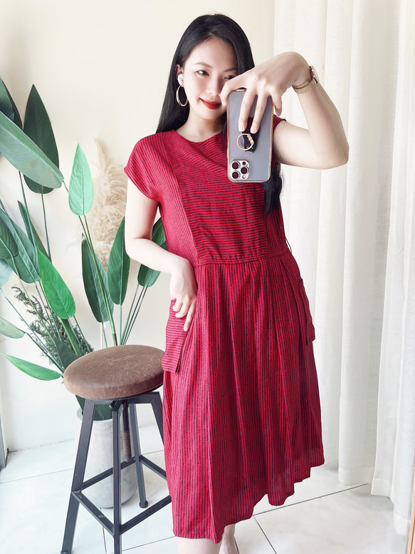 豔紅細直橫雙紋烈焰優雅 古著洋裝連衣裙連身裙 vintage dress 第1張的照片