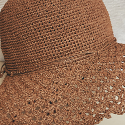 【受注制作】笹和紙フラットで編んだ松編み帽子（ブラウン） 4枚目の画像