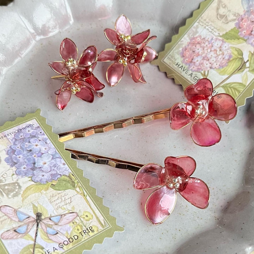 ピンクの紫陽花イヤリング/ピアス ディップアートアクセサリー ピアス