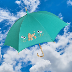 プードル刺繍の日傘(エメラルド・グリーンのリネン生地にベージュ・プードル)　UV加工済み 1枚目の画像