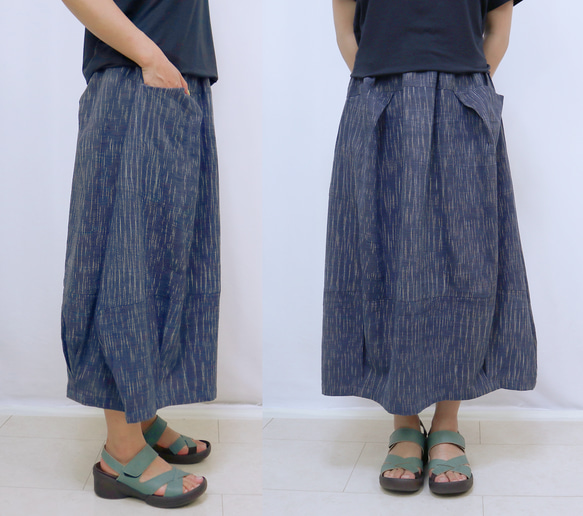 手織り綿絣インディゴ染め、バルーンスカート、フリーサイズ 7枚目の画像