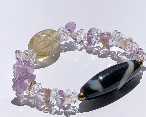 至純天珠・白蛇天珠とグレーアクアマリンのブレスレット✨✨ 白蛇天珠&アメトリン&ルチルクォーツ ☆天珠ブレスレット