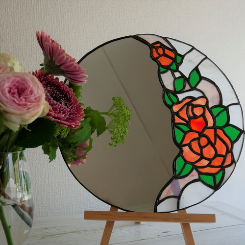 ✴︎:.｡ステンドグラス 壁掛け鏡 アートシリーズ③ 薔薇の丸い鏡 25