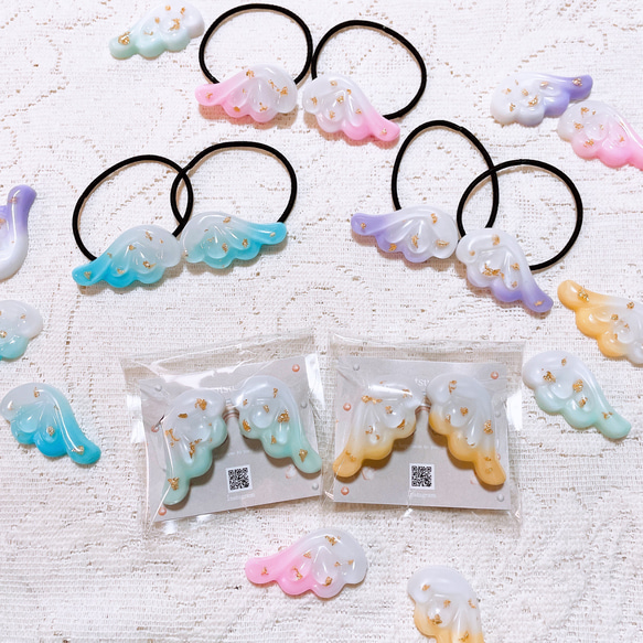 天使のはね猫ちゃんのヘアゴム ハンドメイド レジン かすみ草 マーブル ブローチ 新作♡猫ちゃん好きな方に♡猫の形の淡色ドライフラワー押し花
