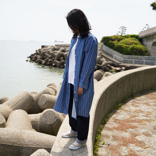 SALE デニム/ヒッコリー インディゴ染 播州織 シャツワンピース