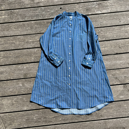 SALE デニム/ヒッコリー インディゴ染 播州織 シャツワンピース