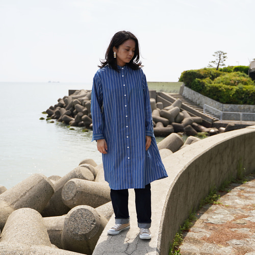 SALE デニム/ヒッコリー インディゴ染 播州織 シャツワンピース