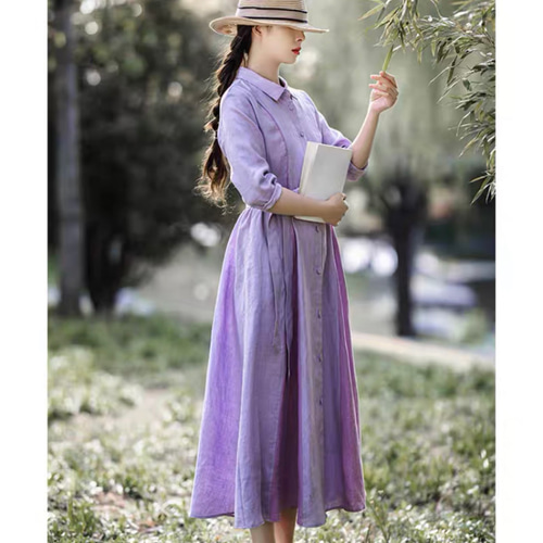 リネン/麻100%】配色2wayロングワンピース ウエストベルト【春夏