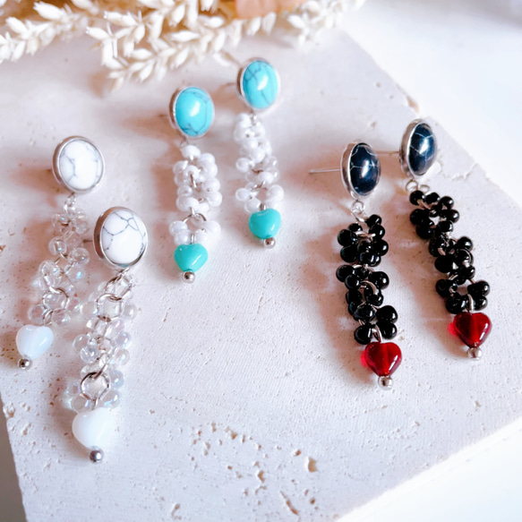 ハンドメイド☆ビーズピアス 23.トンボ玉風ビーズ アシメデザイン シルバー フックピアス