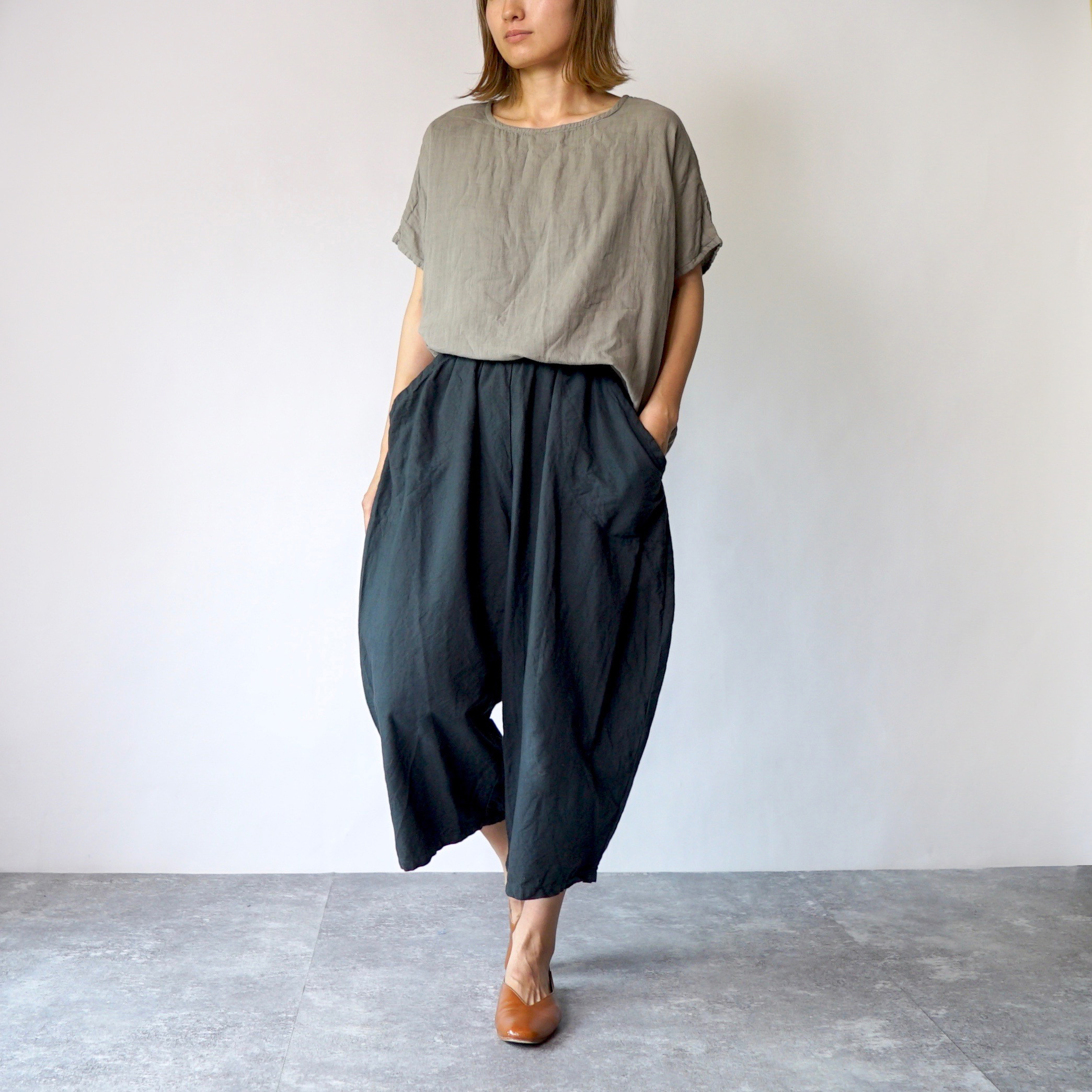 【福袋】ゆったりガーゼTシャツ/カーキ + バルーンパンツ8分丈/ブラック