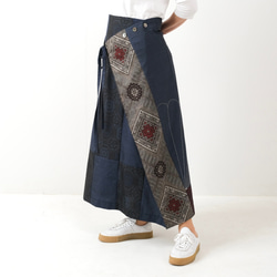 アンティーク大島紬のパッチワーク巻きスカート　龍郷　オーバースカート　サロン　着物リメイク 1枚目の画像