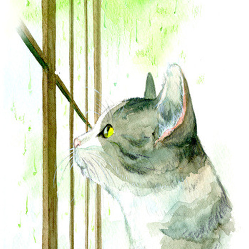 イラストフレーム「窓の外の雨を眺める猫の横顔」みしま ゆかり A4版