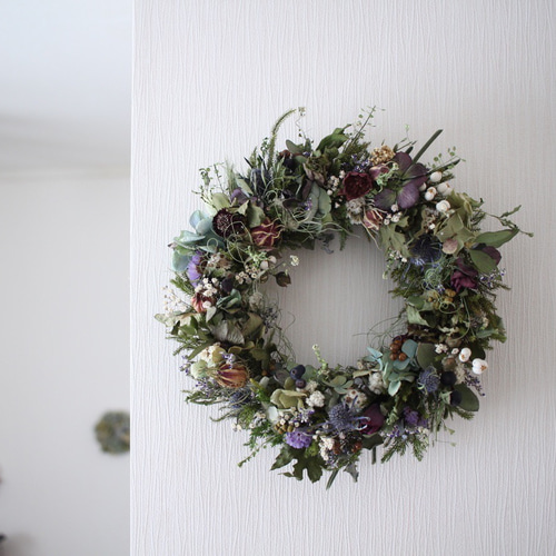 紫と緑のクリスマスローズ✳︎ドライフラワーリース◎26センチ