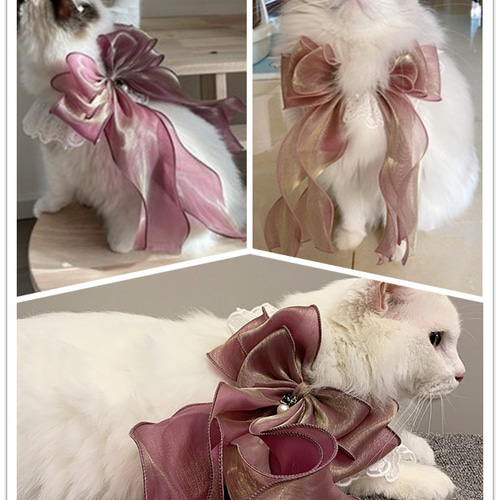 奈々、ピンクフラワー(①)シングルリボン、わんちゃん猫ちゃん用首輪 奈々、シングルリボンフラワー柄(ホワイト&ピンク)わんちゃん猫ちゃん