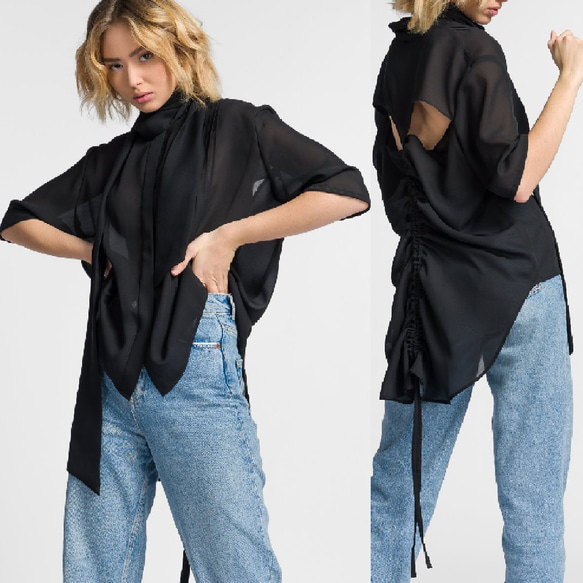 Aakasha ロングスカーフ付カラー 背中cut-out シフォンシャツ  