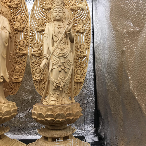 仏教工芸品 薬師如来 日·月菩薩三尊立像 供養仏 精密細工 木彫仏像