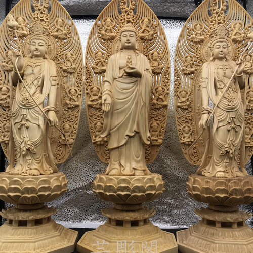 仏教工芸品 薬師如来 日·月菩薩三尊立像 供養仏 精密細工 木彫仏像 