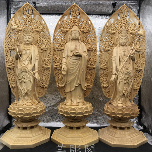 仏教工芸品 薬師如来 日·月菩薩三尊立像 供養仏 精密細工 木彫仏像