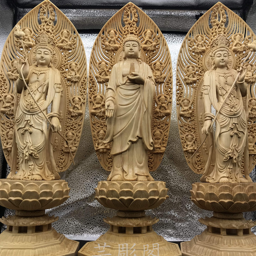 仏教工芸品 薬師如来 日·月菩薩三尊立像 供養仏 精密細工 木彫仏像